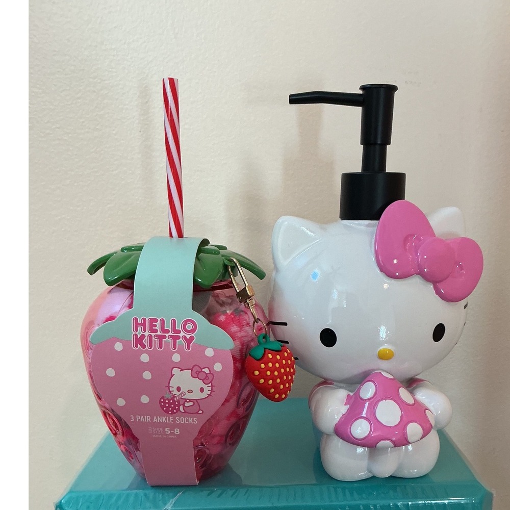 Hello Kitty Strawberry Cup with Socks and Hello Kitty Soap Dispenser Set